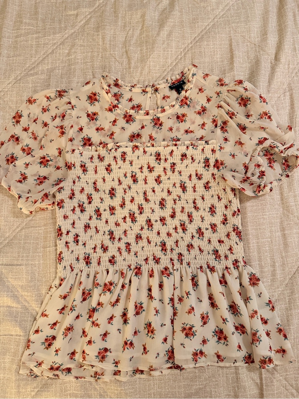 Torrid Floral Smocked Puff Sleeve Top- White with Red Rose Print